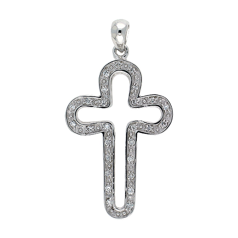 Sterling Silver Curvy Cross Pendant, w/ Brilliant Cut CZ Stones, 1 3/8" (35 mm) tall, w/ 18" Thin Snake Chain