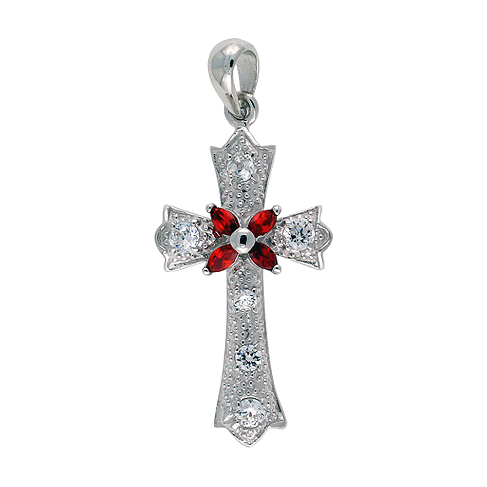 Sterling Silver Cross Fleury Pendant, w/ Marquise Cut Ruby-colored & Brilliant Cut Clear CZ Stones, 1 5/16" (33 mm) tall, w/ 18" Thin Snake Chain