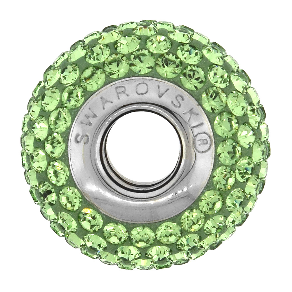 Sterling Silver Genuine Swarovski Crystal Charm Bead Lime Color Charm Bead Crystals Charm Bracelet Compatible, 15 mm