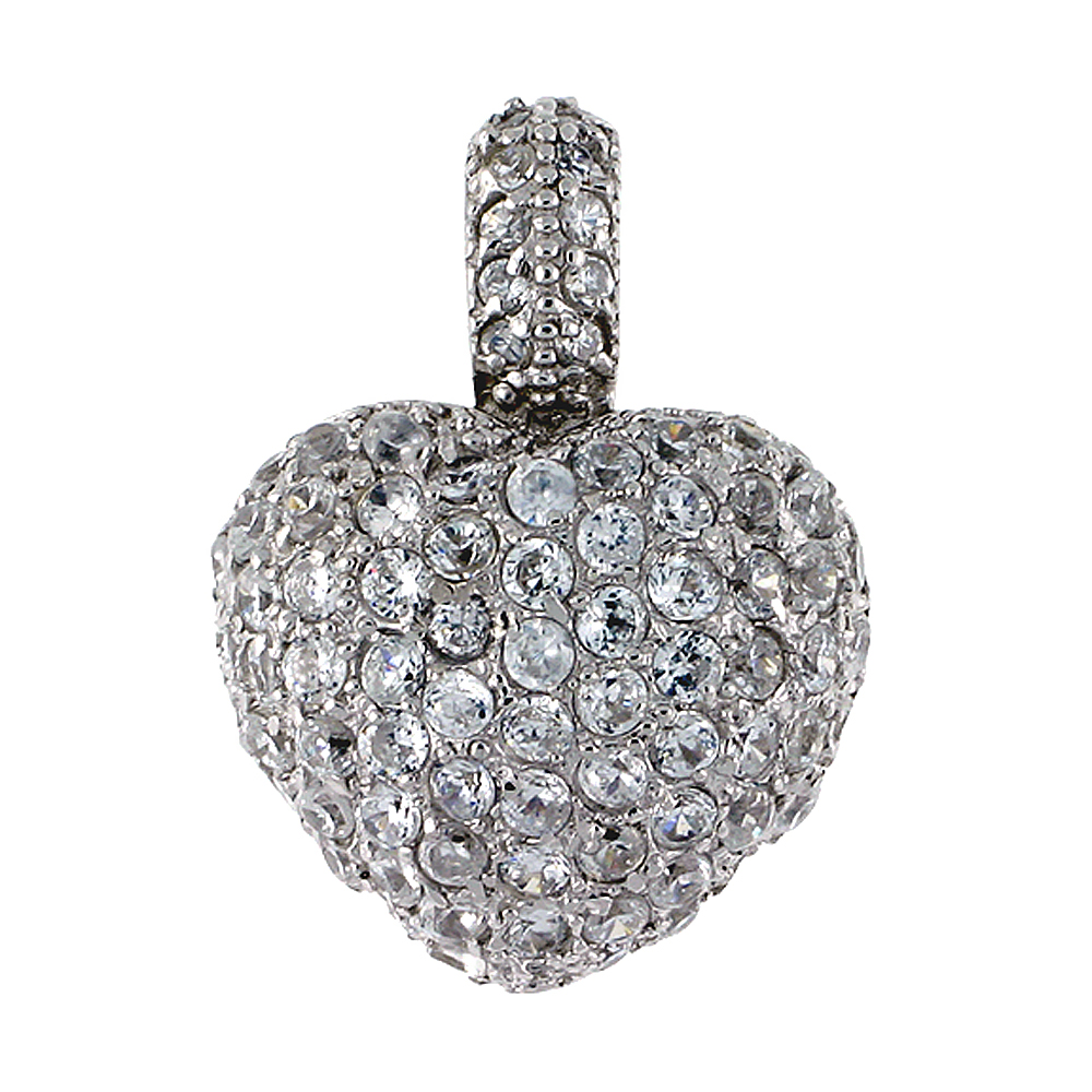 Sterling Silver Heart Pendant, w/ Brilliant Cut CZ Stones, 15/16" (24 mm) tall, w/ 18" Thin Snake Chain