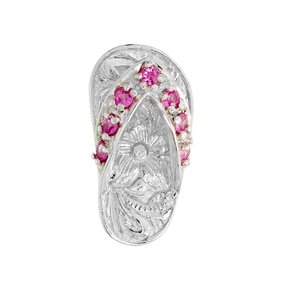 Sterling Silver Hawaiian Flip Flop Slippers Pendant, w/ Brilliant Cut Pink Tourmaline-colored CZ Stones, 3/4" (19 mm) tall