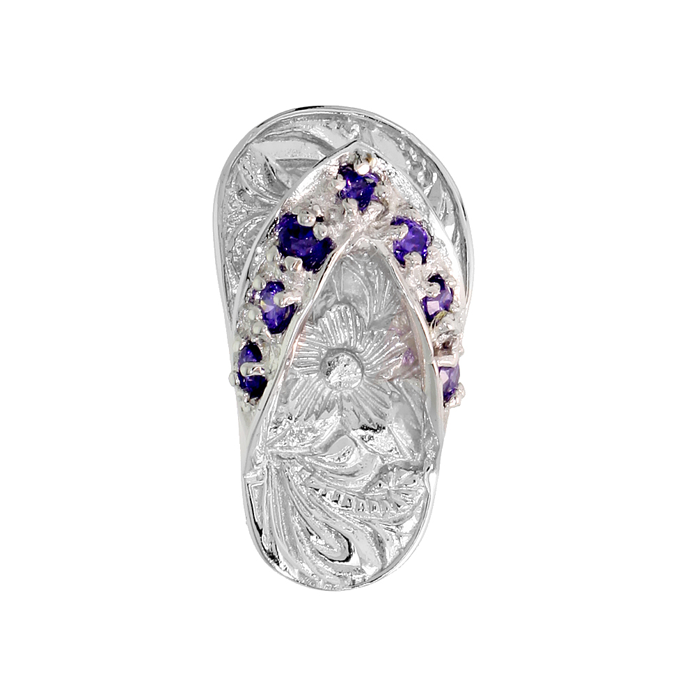 Sterling Silver Hawaiian Flip Flop Slippers Pendant, w/ Brilliant Cut Amethyst-colored CZ Stones, 3/4" (19 mm) tall