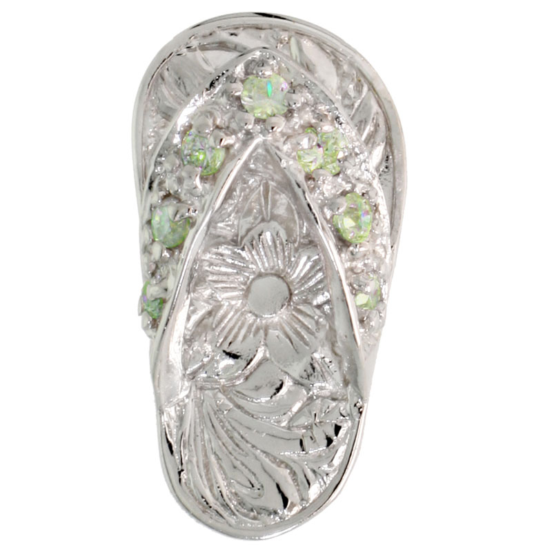 Sterling Silver Hawaiian Flip Flop Slippers Pendant, w/ Brilliant Cut Peridot-colored CZ Stones, 3/4" (19 mm) tall