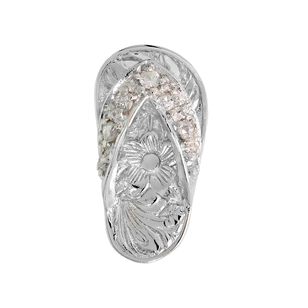 Sterling Silver Hawaiian Flip Flop Slippers Pendant, w/ Brilliant Cut Clear CZ Stones, 3/4" (19 mm) tall