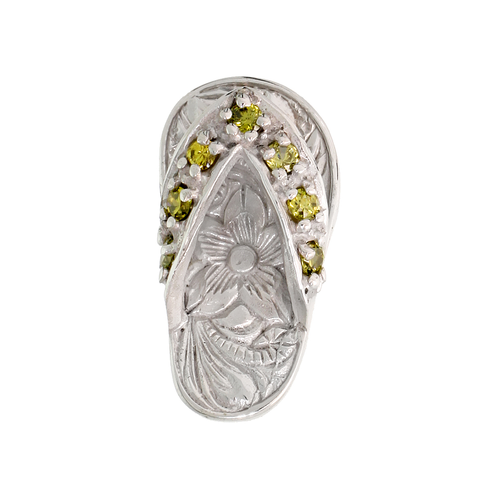 Sterling Silver Hawaiian Flip Flop Slippers Pendant, w/ Brilliant Cut Emerald-colored CZ Stones, 3/4" (19 mm) tall