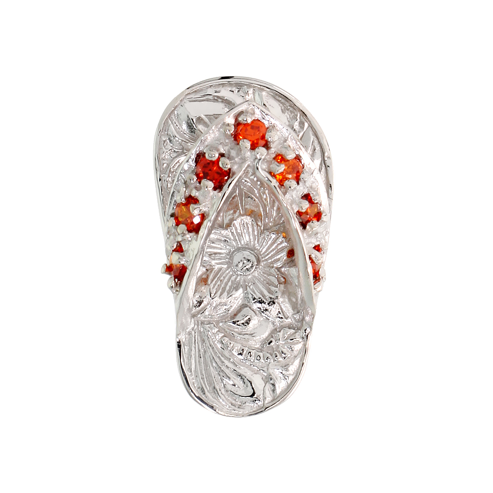 Sterling Silver Hawaiian Flip Flop Slippers Pendant, w/ Brilliant Cut Orange Sapphire-colored CZ Stones, 3/4" (19 mm) tall