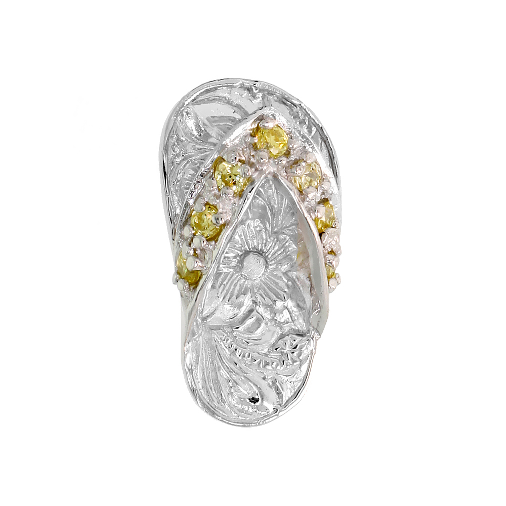 Sterling Silver Hawaiian Flip Flop Slippers Pendant, w/ Brilliant Cut Yellow Topaz-colored CZ Stones, 3/4" (19 mm) tall