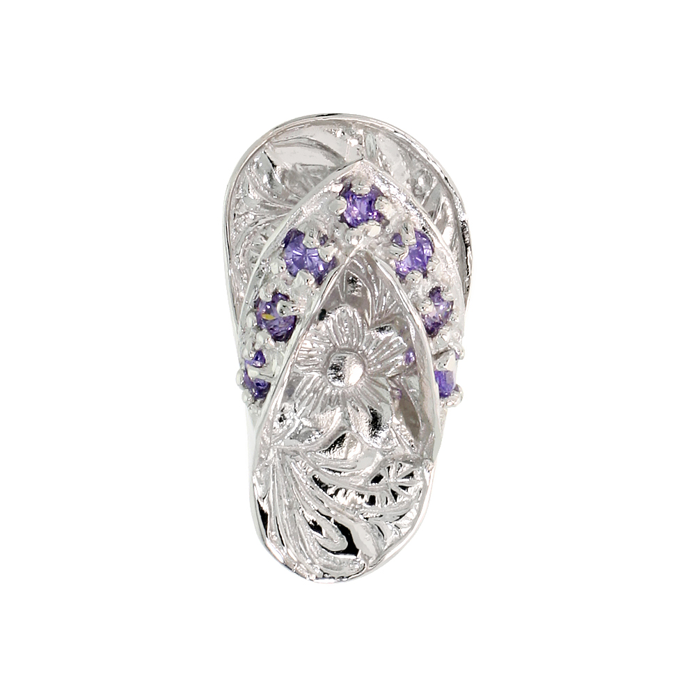 Sterling Silver Hawaiian Flip Flop Slippers Pendant, w/ Brilliant Cut Alexandrite-colored CZ Stones, 3/4" (19 mm) tall