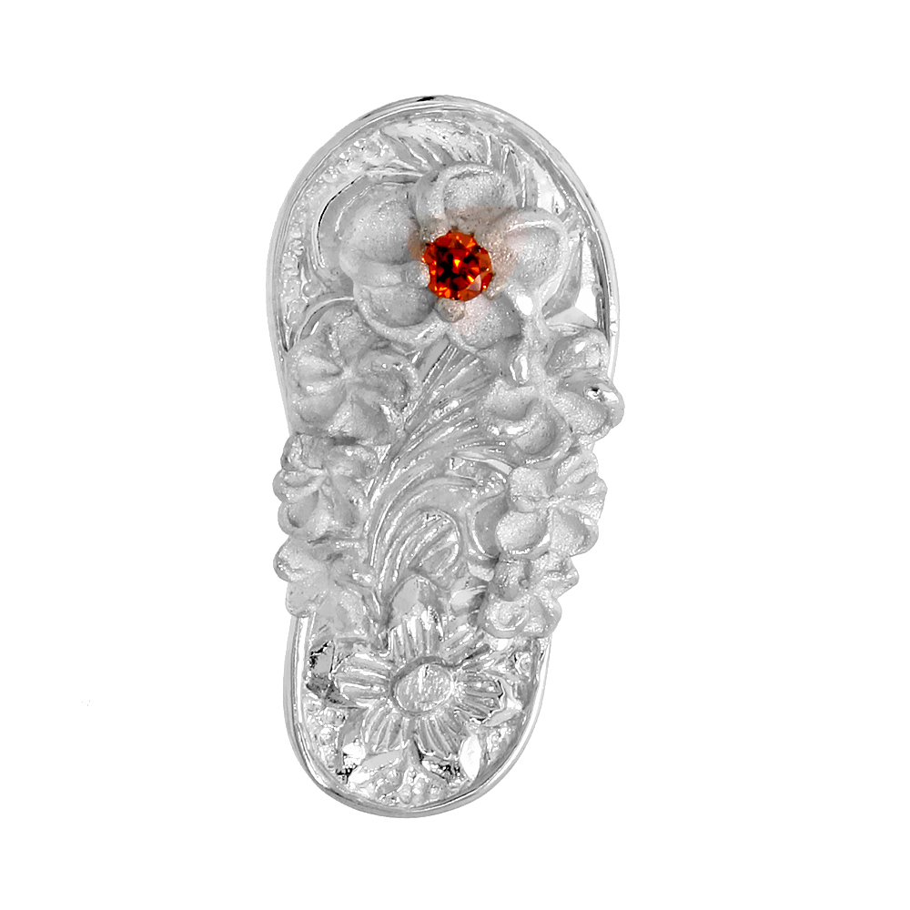 Sterling Silver Hawaiian Plumeria Flip Flop Slippers Pendant, w/ Brilliant Cut Ruby-colored CZ Stone, 13/16" (21 mm) tall