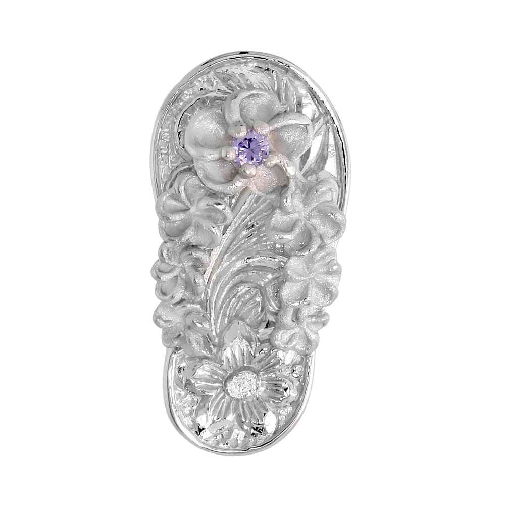 Sterling Silver Hawaiian Plumeria Flip Flop Slippers Pendant, w/ Brilliant Cut Amethyst-colored CZ Stone, 13/16" (21 mm) tall