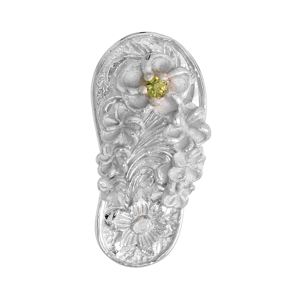Sterling Silver Hawaiian Plumeria Flip Flop Slippers Pendant, w/ Brilliant Cut Peridot-colored CZ Stone, 13/16" (21 mm) tall