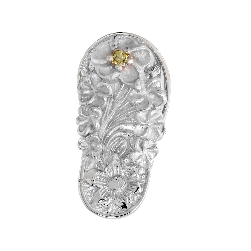 Sterling Silver Hawaiian Plumeria Flip Flop Slippers Pendant, w/ Brilliant Cut Clear CZ Stone, 13/16" (21 mm) tall