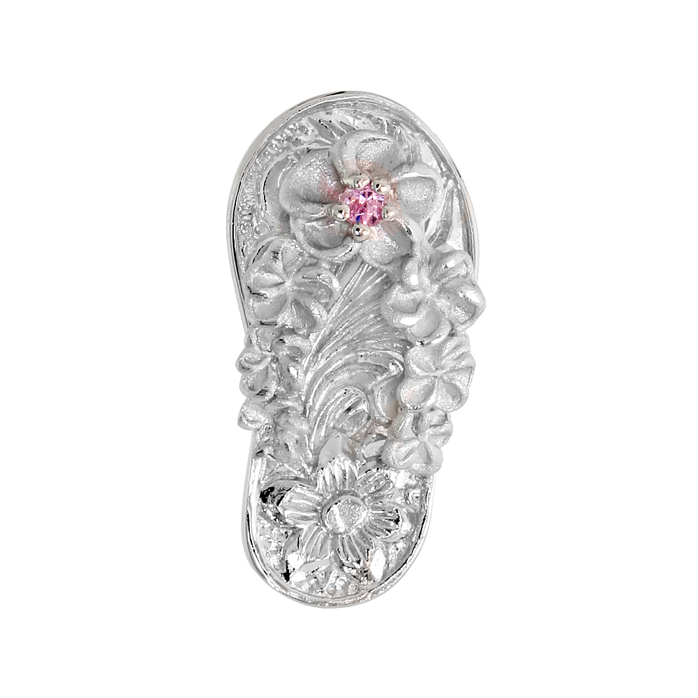 Sterling Silver Hawaiian Plumeria Flip Flop Slippers Pendant, w/ Brilliant Cut Pink Tourmaline-colored CZ Stone, 13/16" (21 mm) 