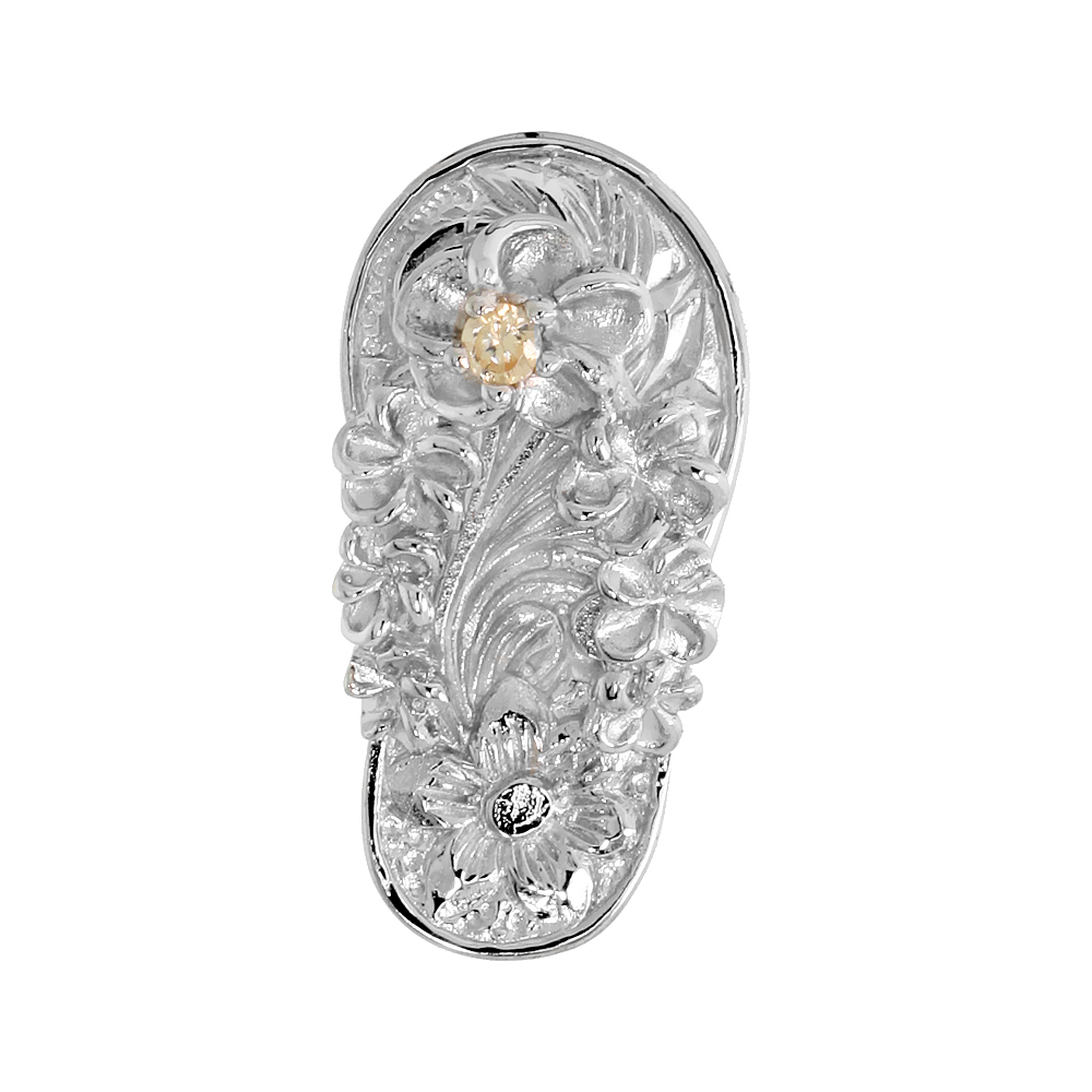 Sterling Silver Hawaiian Plumeria Flip Flop Slippers Pendant, w/ Brilliant Cut Citrine-colored CZ Stone, 13/16" (21 mm) tall