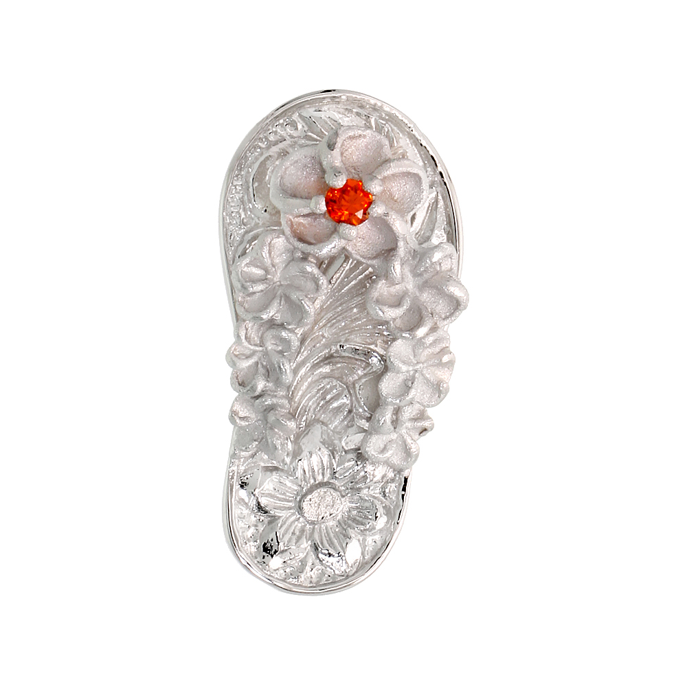 Sterling Silver Hawaiian Plumeria Flip Flop Slippers Pendant, w/ Brilliant Cut Orange Sapphire-colored CZ Stone, 13/16" (21 mm) 