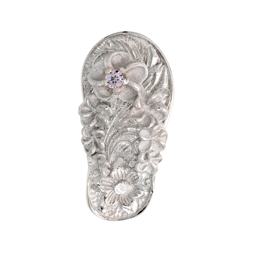 Sterling Silver Hawaiian Plumeria Flip Flop Slippers Pendant, w/ Brilliant Cut Alexandrite-colored CZ Stone, 13/16" (21 mm) tall