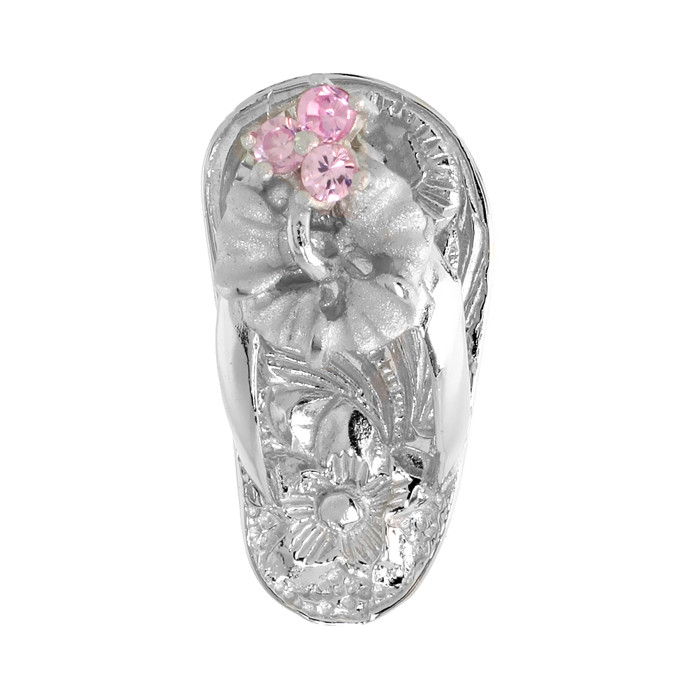 Sterling Silver Hawaiian Hibiscus Flip Flop Slippers Pendant, w/ Brilliant Cut Pink Tourmaline-colored CZ Stones, 3/4" (19 mm) t