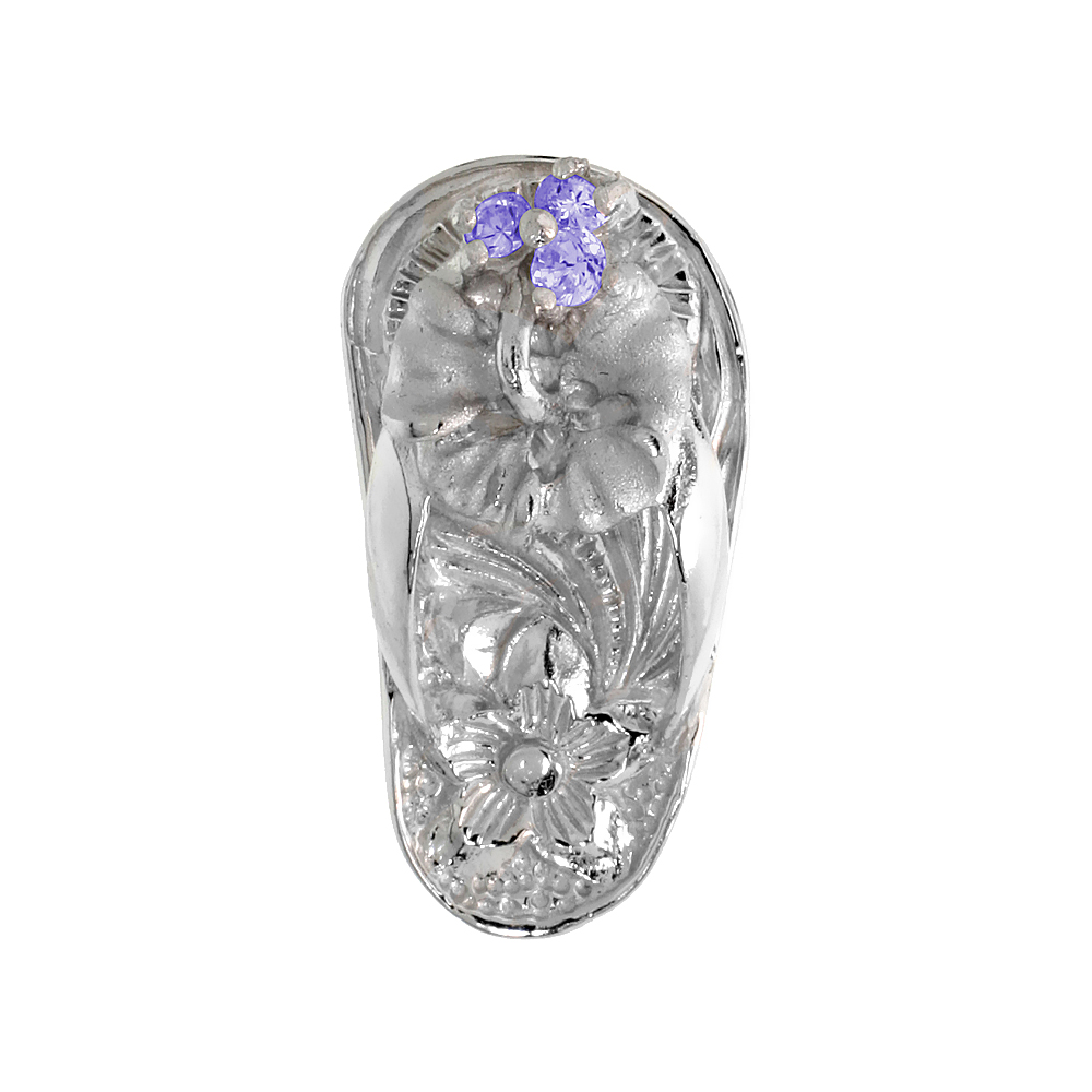 Sterling Silver Hawaiian Hibiscus Flip Flop Slippers Pendant, w/ Brilliant Cut Alexandrite-colored CZ Stones, 3/4" (19 mm) tall