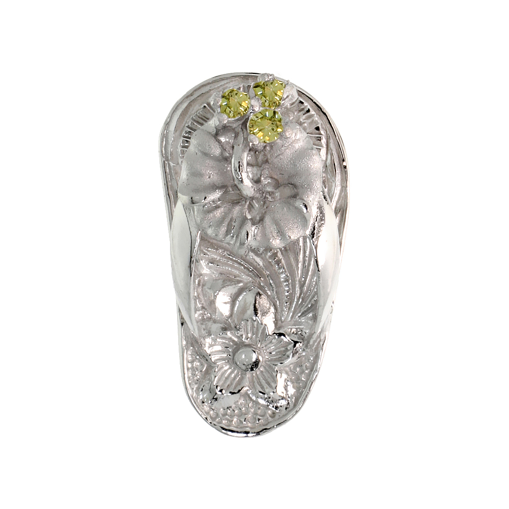 Sterling Silver Hawaiian Hibiscus Flip Flop Slippers Pendant, w/ Brilliant Cut Peridot-colored CZ Stones, 3/4" (19 mm) tall