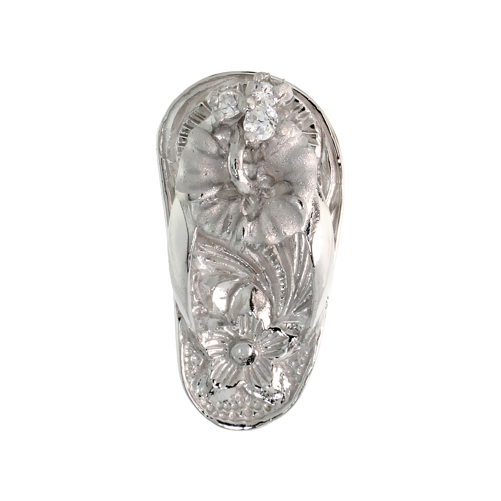 Sterling Silver Hawaiian Hibiscus Flip Flop Slippers Pendant, w/ Brilliant Cut Clear CZ Stones, 3/4" (19 mm) tall