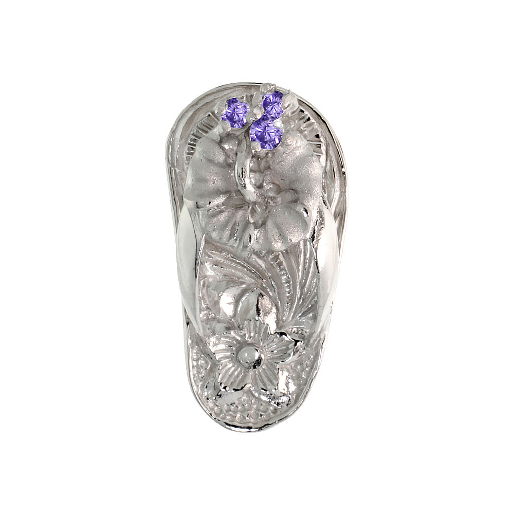Sterling Silver Hawaiian Hibiscus Flip Flop Slippers Pendant, w/ Brilliant Cut Amethyst-colored CZ Stones, 3/4" (19 mm) tall