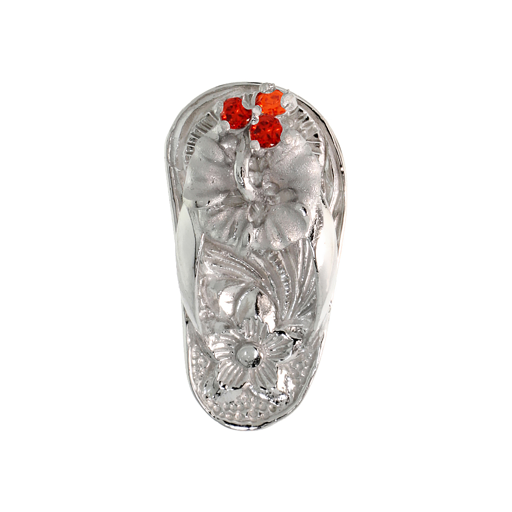 Sterling Silver Hawaiian Hibiscus Flip Flop Slippers Pendant, w/ Brilliant Cut Ruby-colored CZ Stones, 3/4" (19 mm) tall