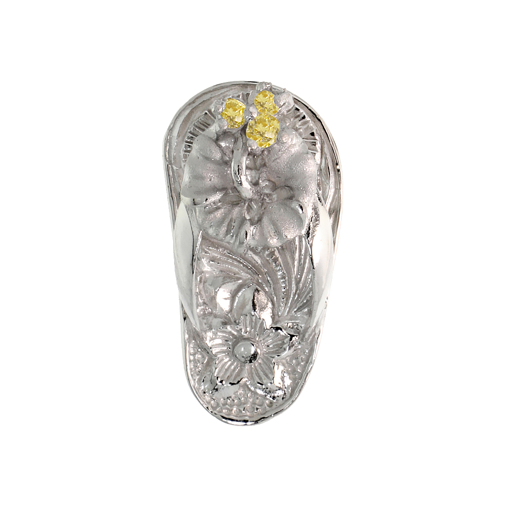 Sterling Silver Hawaiian Hibiscus Flip Flop Slippers Pendant, w/ Brilliant Cut Yellow Topaz-colored CZ Stones, 3/4" (19 mm) tall