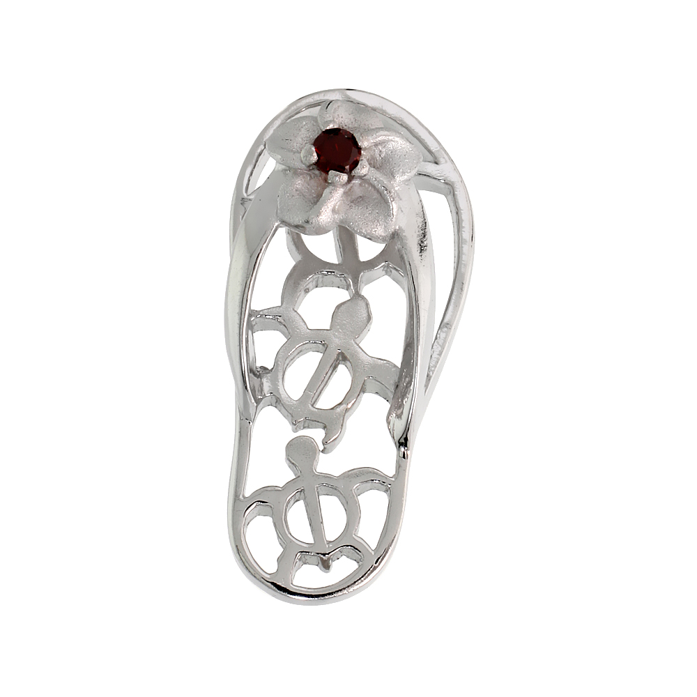 Sterling Silver Hawaiian Plumeria w/ Honu Sea Turtles Flip Flop Slippers Pendant, w/ Brilliant Cut Ruby-colored CZ Stone, 1" (25