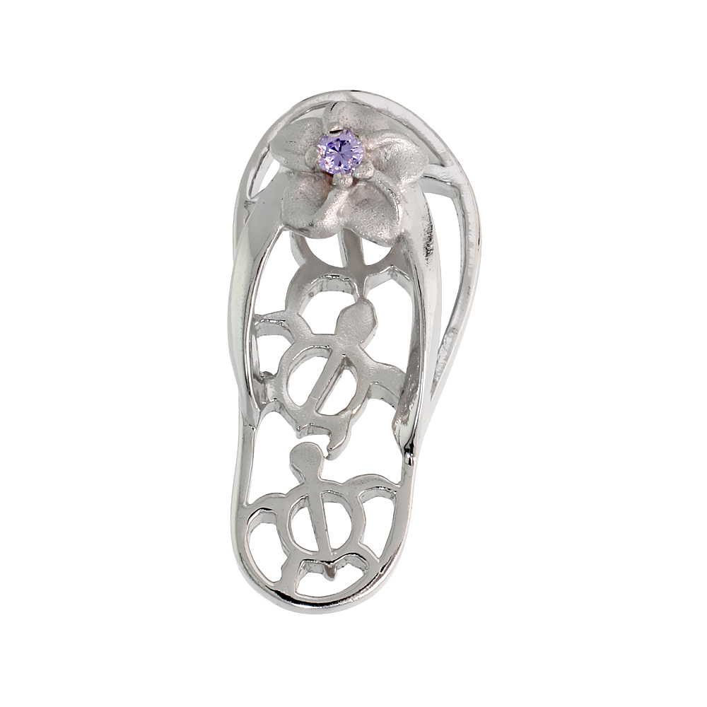 Sterling Silver Hawaiian Plumeria w/ Honu Sea Turtles Flip Flop Slippers Pendant, w/ Brilliant Cut Alexandrite-colored CZ Stone,
