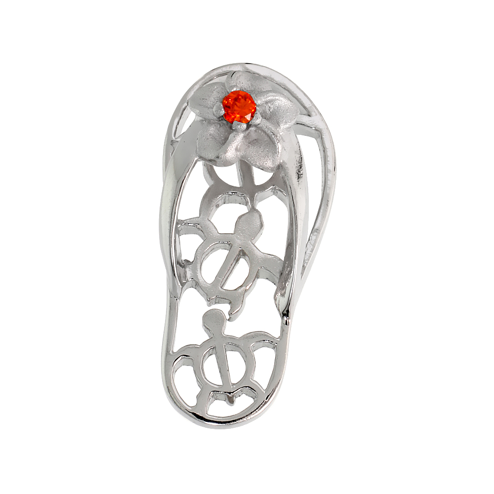 Sterling Silver Hawaiian Plumeria w/ Honu Sea Turtles Flip Flop Slippers Pendant, w/ Brilliant Cut Orange Sapphire-colored CZ St