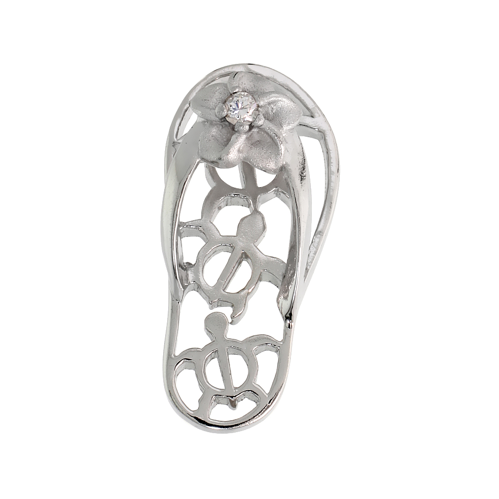 Sterling Silver Hawaiian Plumeria w/ Honu Sea Turtles Flip Flop Slippers Pendant, w/ Brilliant Cut Clear CZ Stone, 1" (25 mm) ta