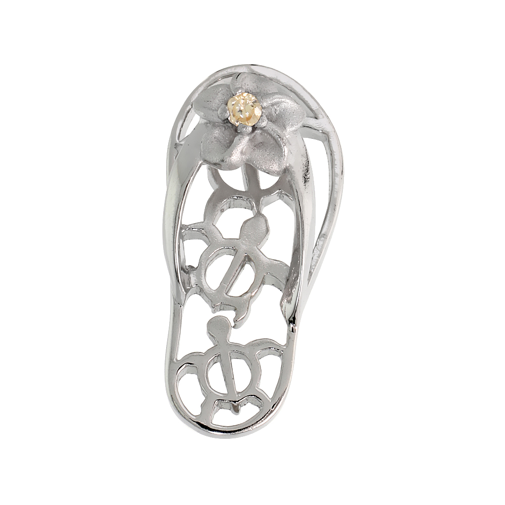 Sterling Silver Hawaiian Plumeria w/ Honu Sea Turtles Flip Flop Slippers Pendant, w/ Brilliant Cut Citrine-colored CZ Stone, 1" 
