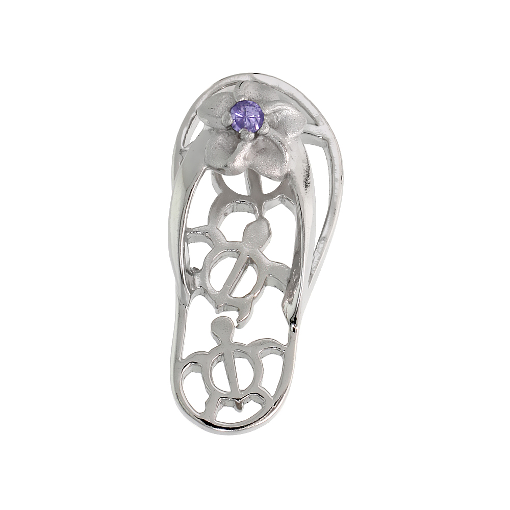 Sterling Silver Hawaiian Plumeria w/ Honu Sea Turtles Flip Flop Slippers Pendant, w/ Brilliant Cut Amethyst-colored CZ Stone, 1"