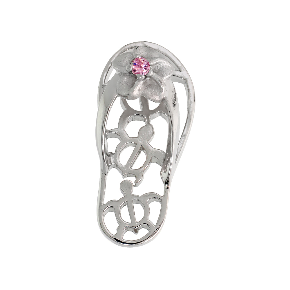 Sterling Silver Hawaiian Plumeria w/ Honu Sea Turtles Flip Flop Slippers Pendant, w/ Brilliant Cut Pink Tourmaline-colored CZ St