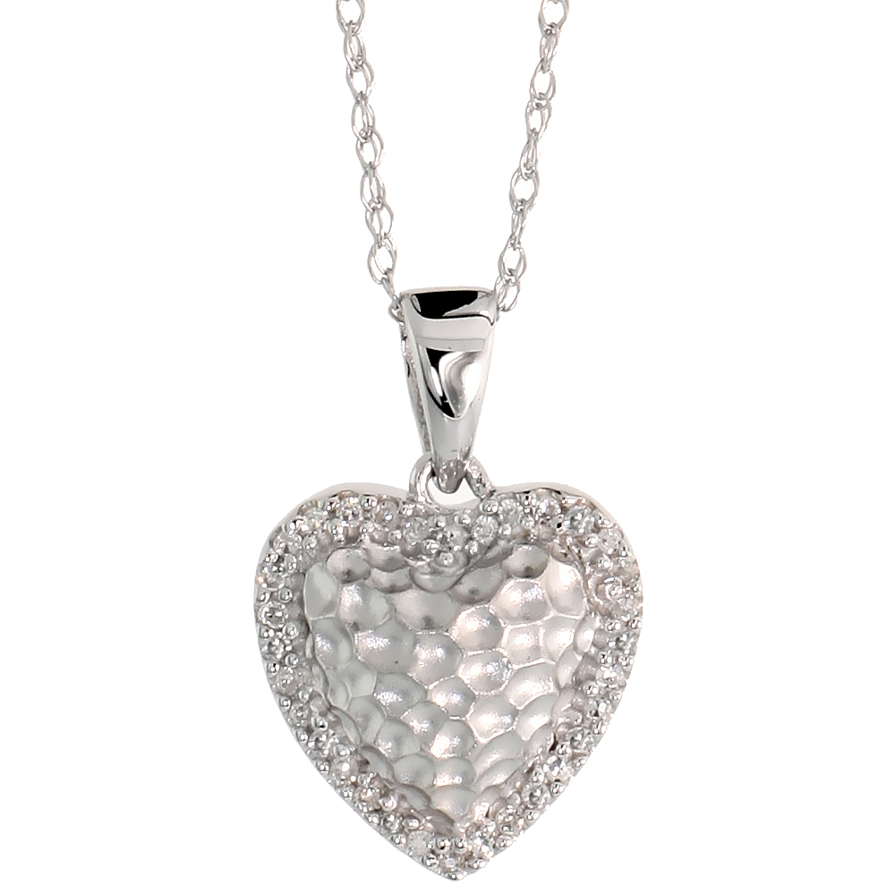 14k White Gold 18" Chain & 7/16" (12mm) tall Hammered Finish Diamond Heart Pendant, w/ 0.10 Carat Brilliant Cut Diamonds