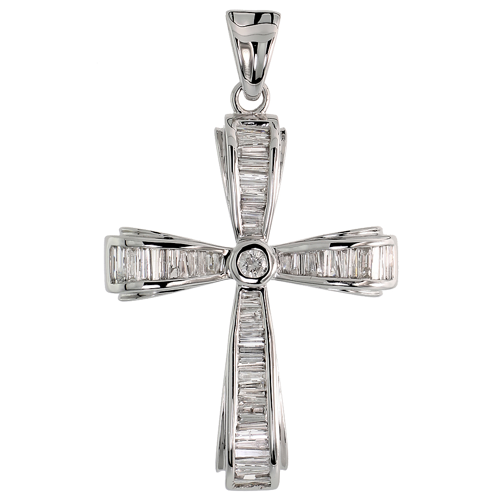 14k White Gold 1 1/2" (39mm) tall Diamond Cross Pendant, w/ 1.10 Carats Baguette & Brilliant Cut Diamonds