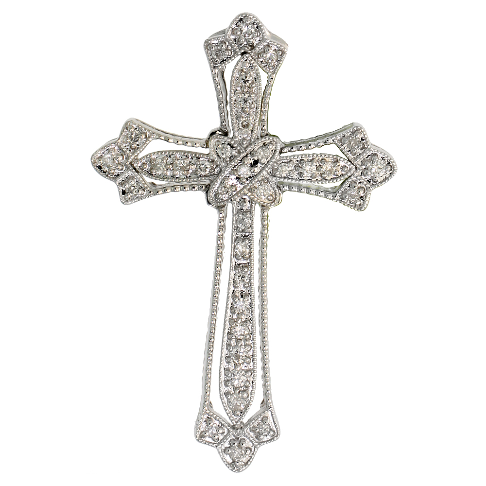 14k White Gold 1 3/8" (36mm) tall Diamond Cross Fleury Pendant, w/ 0.25 Carat Brilliant Cut Diamonds