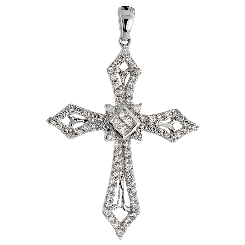 14k White Gold 1 1/4" (32mm) tall Diamond Cross Pendant, w/ 0.50 Carat Brilliant Cut & Invisible Set Diamonds