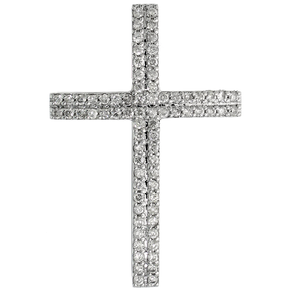 14k White Gold 1 1/4" (31mm) tall Diamond Cross Pendant, w/ 0.55 Carat Brilliant Cut Diamonds