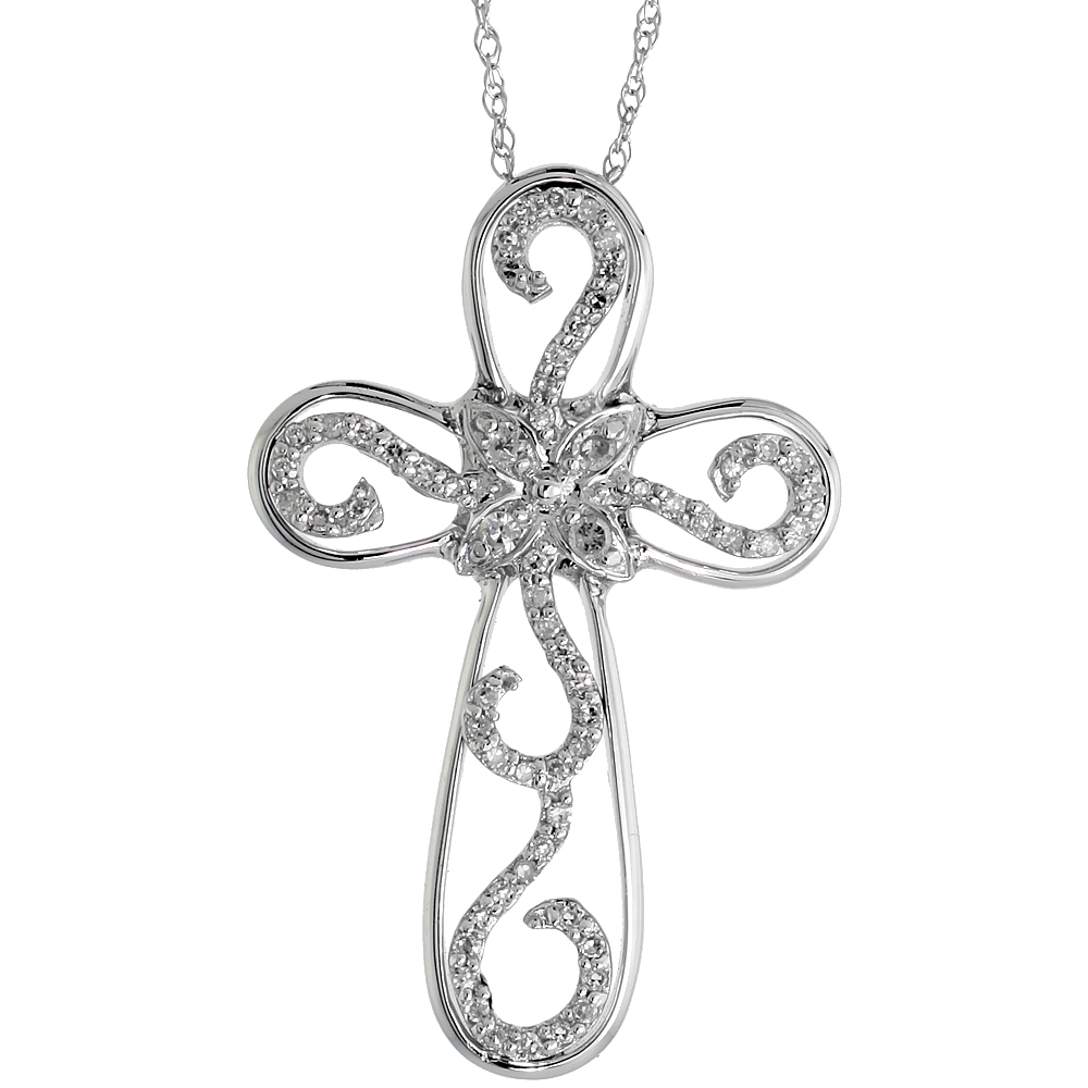 14k White Gold 18" Chain & 1 3/16" (30mm) tall Diamond Cross w/ Flower & Swirls Pendant Slide, w/ 0.27 Carat Brilliant Cut Diamonds