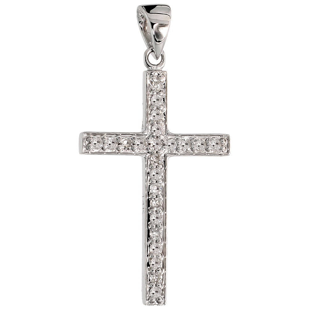 14k White Gold 7/8" (22mm) tall Diamond Latin Cross Pendant, w/ 0.14 Carat Brilliant Cut Diamonds