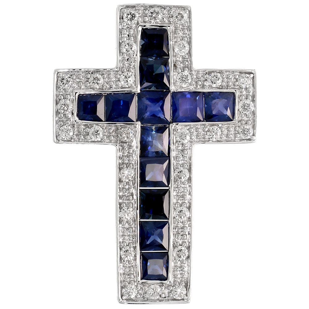 14k White Gold 1 1/4" (32mm) tall Diamond Latin Cross Pendant, w/ 0.50 Carat Brilliant Cut Diamonds & 3.27 Carats Princess Cut Blue Sapphire Stones