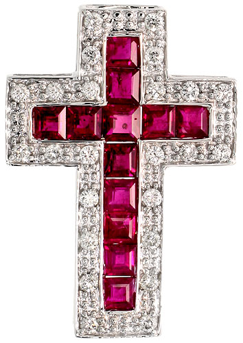 14k White Gold 1 1/8" (29mm) tall Diamond Latin Cross Pendant, w/ 0.50 Carat Brilliant Cut Diamonds &amp; 2.54 Carats Princess Cut Ruby Stones