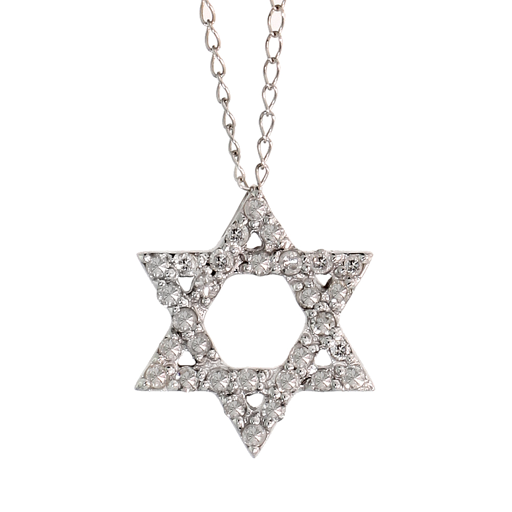 14k White Gold 18" Chain & 1/2" (12mm) tall Jewish Star of David Diamond Pendant, w/ 0.17 Carat Brilliant Cut Diamonds