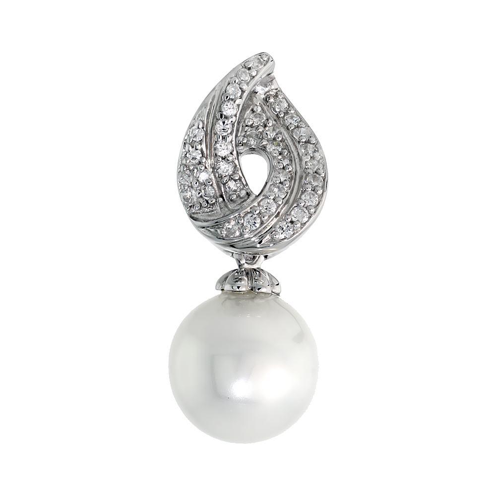 Sterling Silver Slider Pendant, w/ Brilliant Cut CZ Stones & 10mm Faux Pearl, 1 1/16" (26 mm) tall