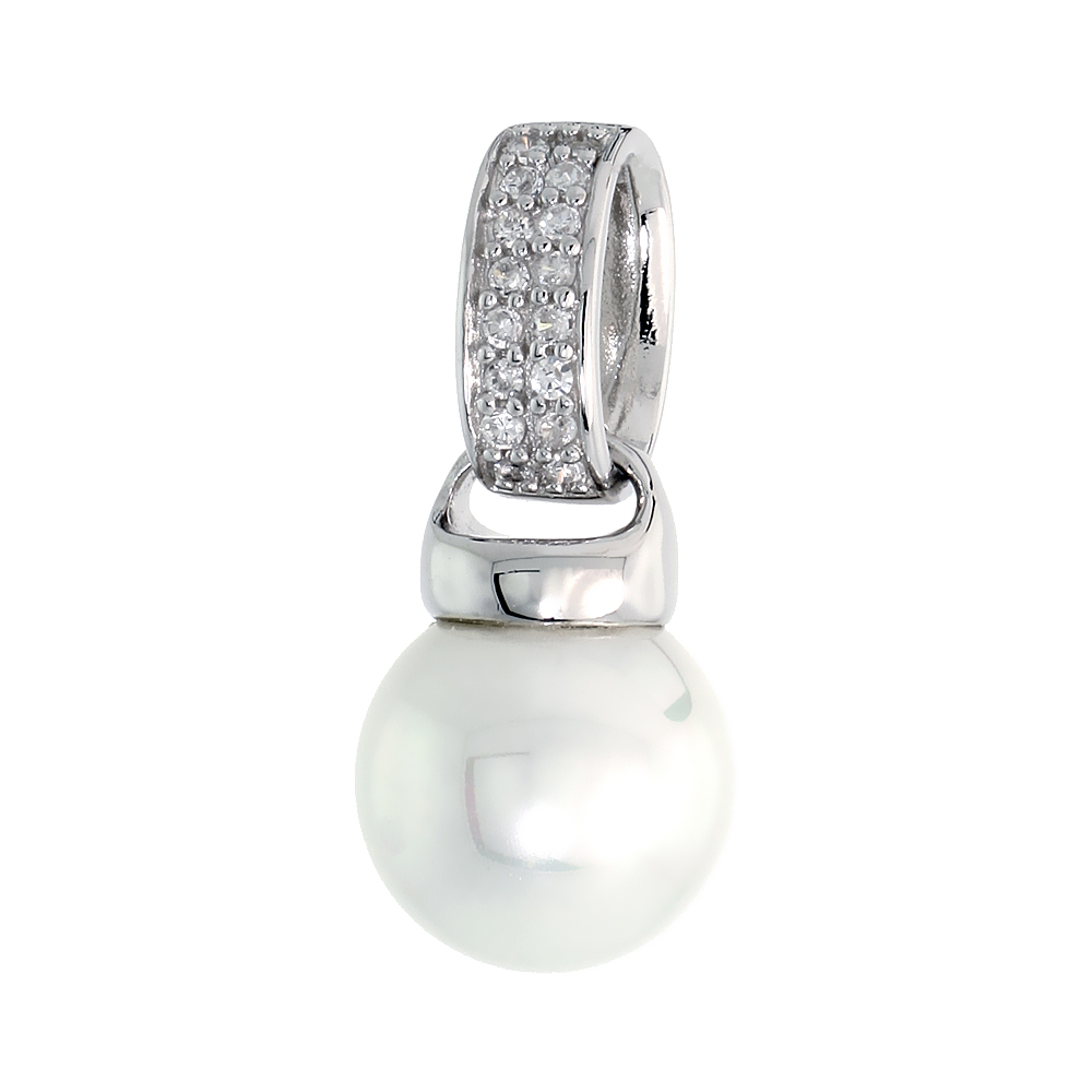 Sterling Silver 10mm Faux Pearl Pendant, w/ Brilliant Cut CZ Stones, 7/8" (22 mm) tall