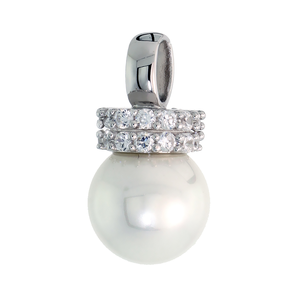 Sterling Silver 10mm Faux Pearl Pendant, w/ Brilliant Cut CZ Stones, 9/16" (14 mm) tall
