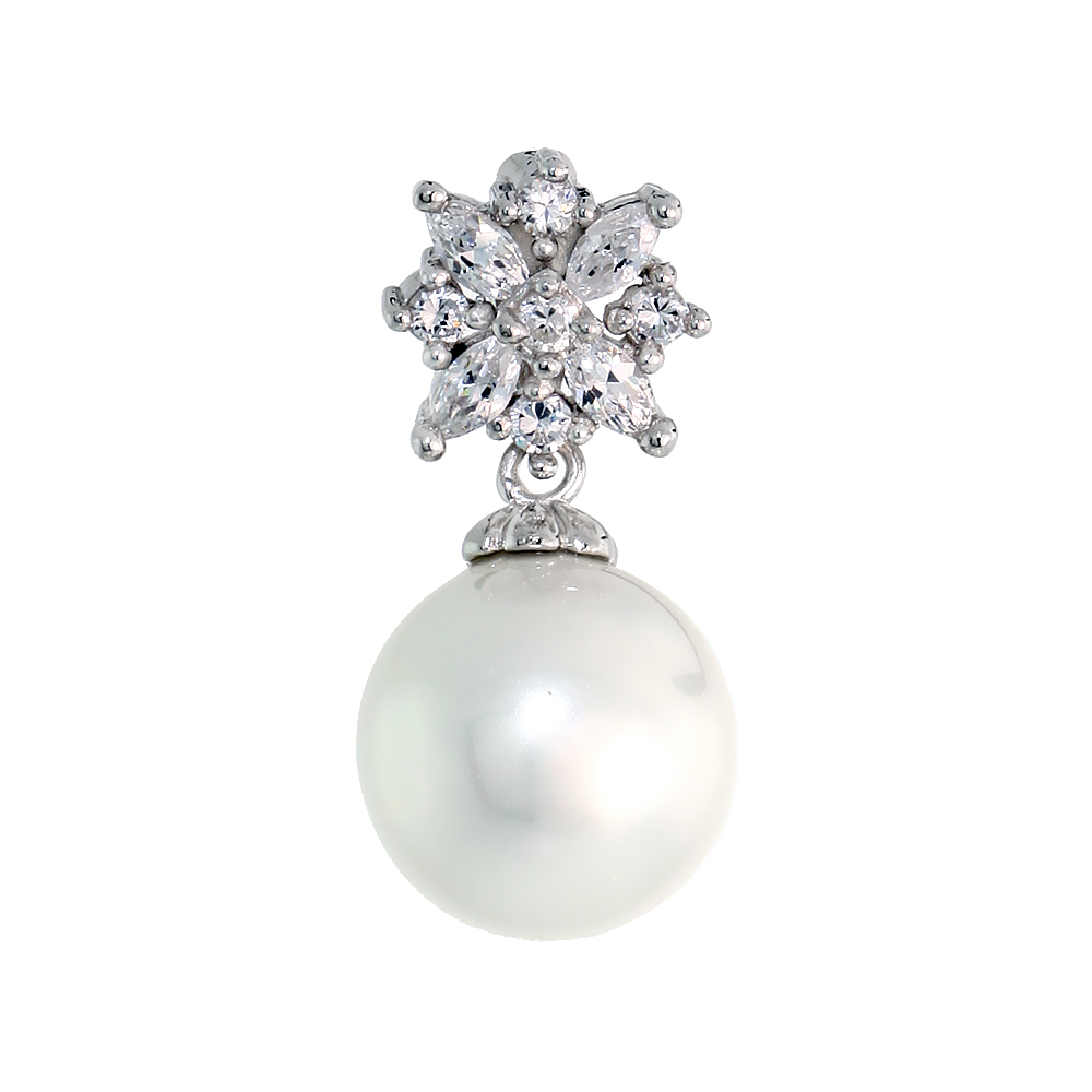Sterling Silver Flower Slider Pendant, w/ CZ Stones & 11mm Faux Pearl, 7/8" (23 mm) tall