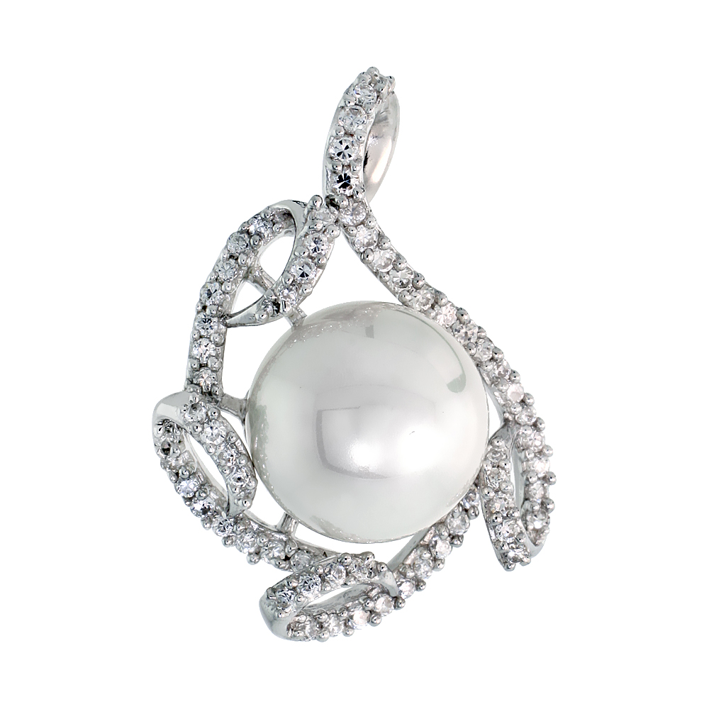 Sterling Silver Swirl Slider Pendant, w/ CZ Stones & 12mm Faux Pearl, 1 1/8" (29 mm) tall