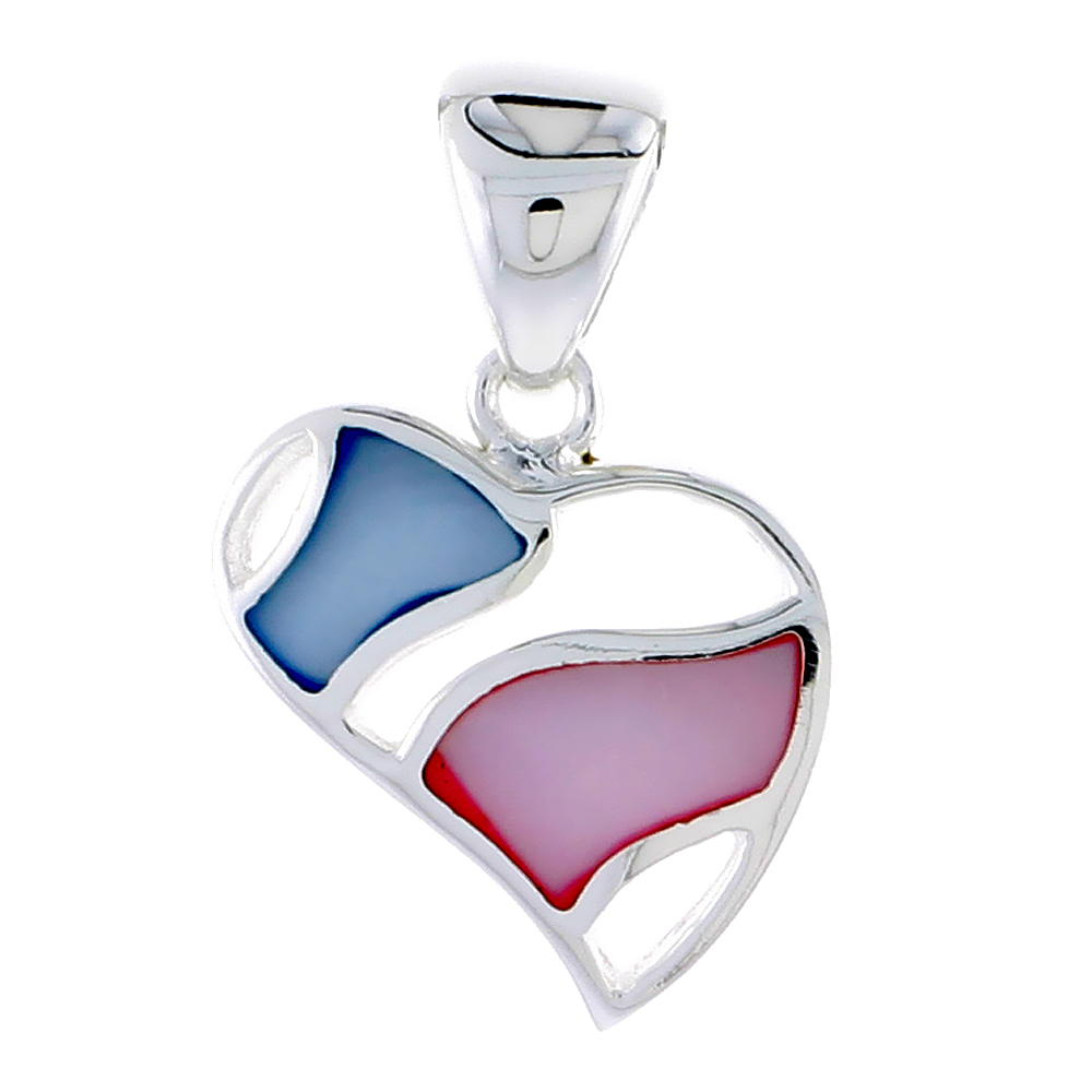 Sterling Silver Heart Pink & Blue Mother of Pearl Inlay Pendant, 5/8" (16 mm) tall 